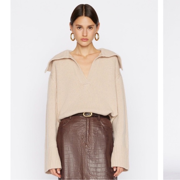 FRAME Oversized Collar 100% Merino Wool Tan Chunky Knit Sweater Small - Picture 3 of 15